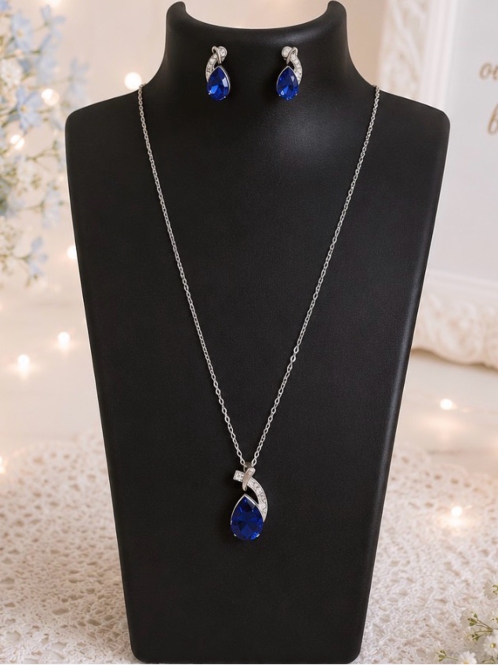 Silver Tone Sapphire Blue Teardrop Stones with Clear Stone Accents Jewelry Set